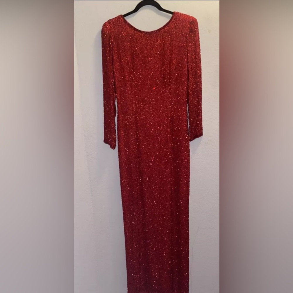 Vintage low cut back beaded red gown , 
Oleg Cassini black tie size 8